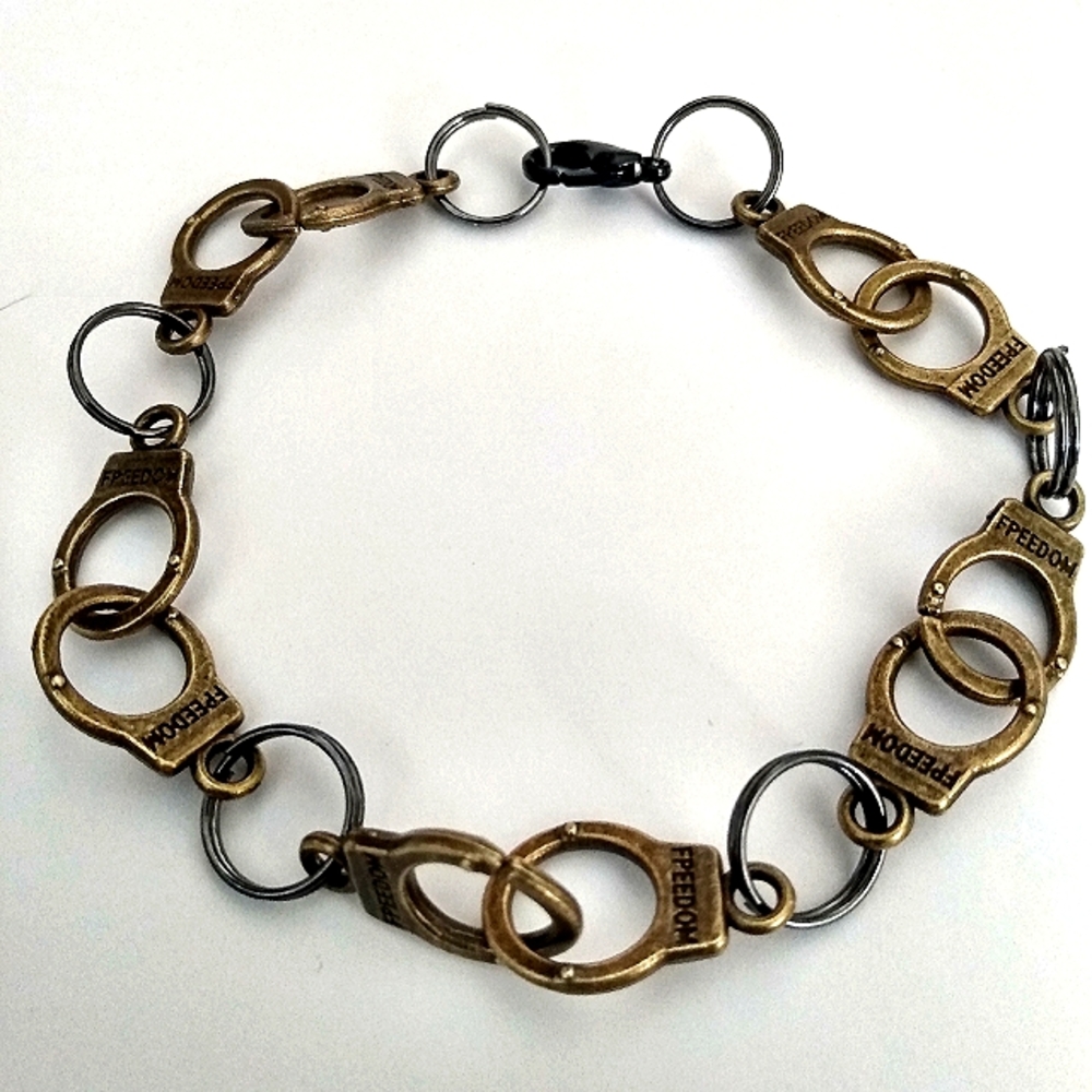 Handmade Hand Cuff Bracelet with Freedom Engraved on Handcuffs. Unisex 8.5"